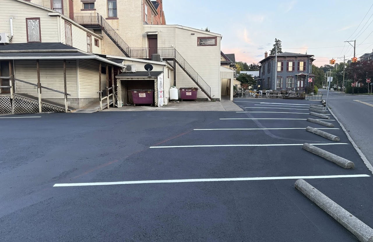 Downtown parking lot after sealcoating and striping